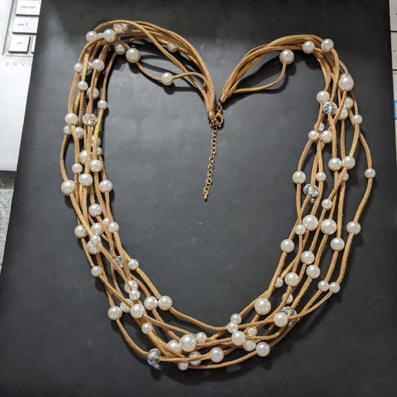 None Jewelry - Gold Tone Brown Leather Cord Faux Pearl Crystal Bead Layered Statement Necklace